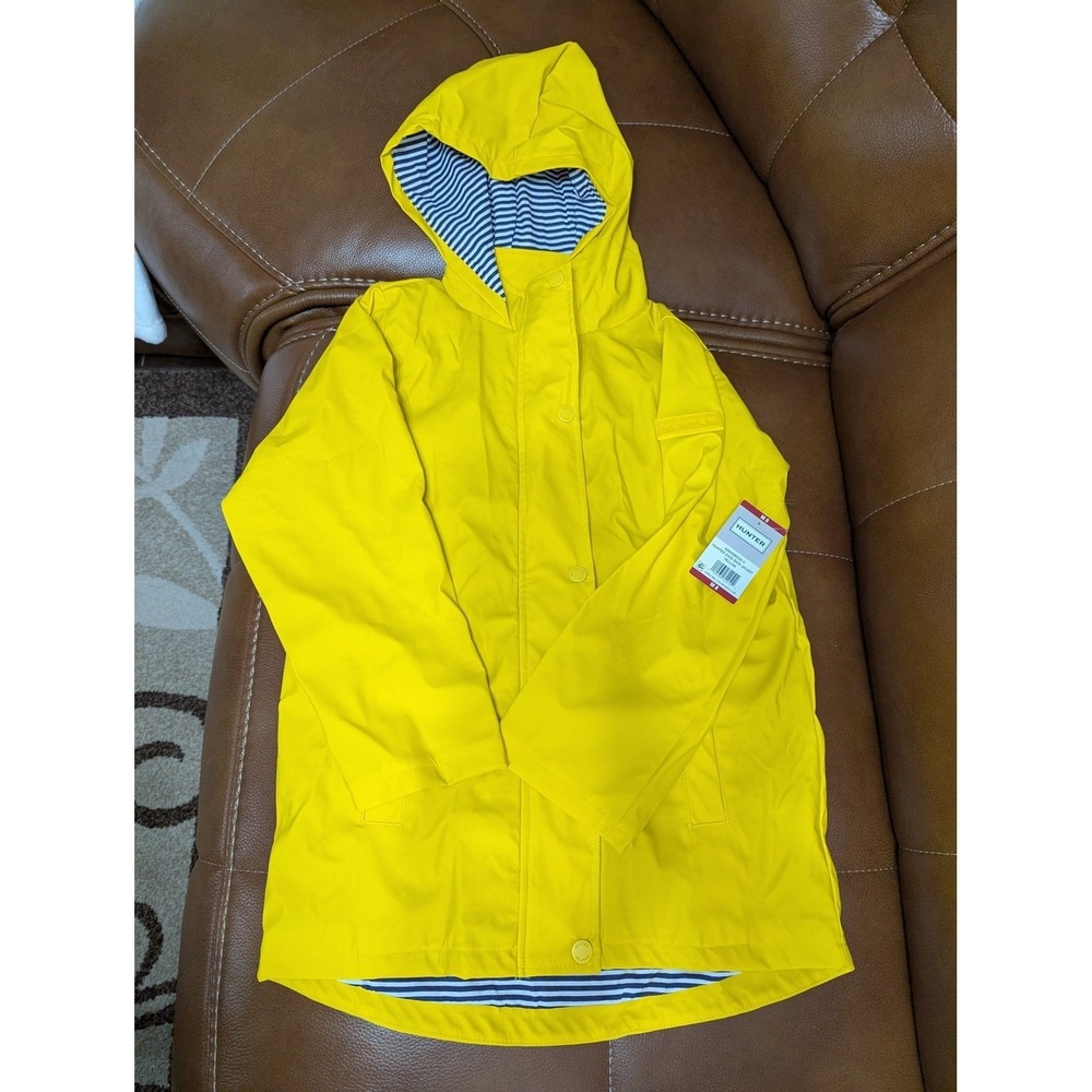 Hunter Kids Rain Jacket Yellow Hooded Waterproof Striped Lining XL 14/16 NWT